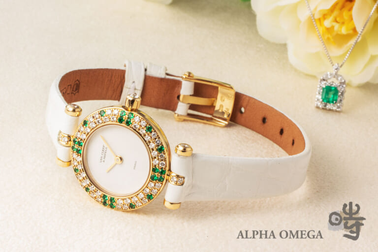ヴァンクリーフ&アーペル クラシック ピエールアーペル Ref.122932BE ダイヤモンド/エメラルド入りベゼル 1990年代 ヴィンテージ レディース 腕時計